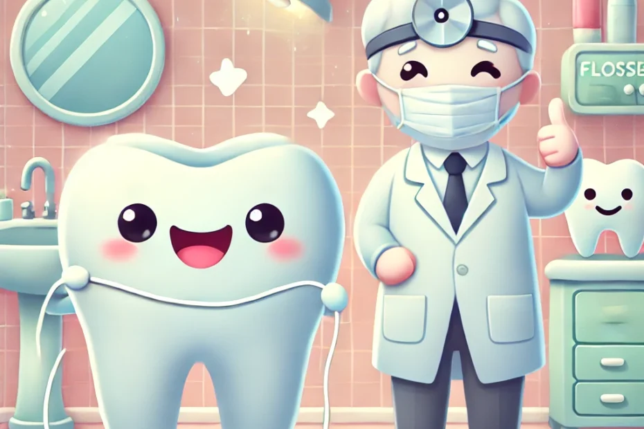 Happy tooth character demonstrating proper flossing with a dentist in a dental clinic.