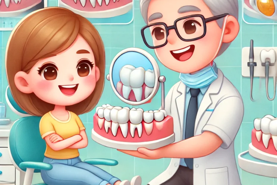 Dentist explaining a six-unit anterior dental bridge to a patient in a clinic.