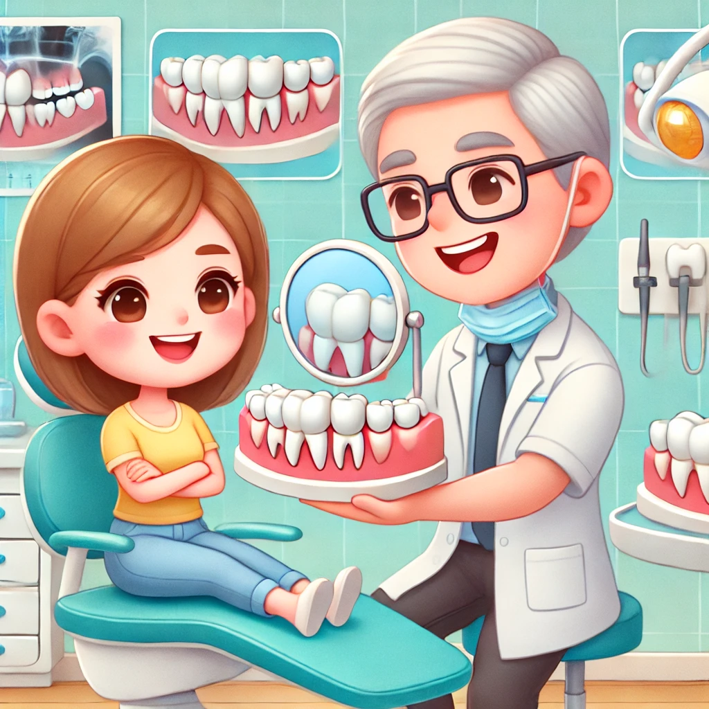 Dentist explaining a six-unit anterior dental bridge to a patient in a clinic.