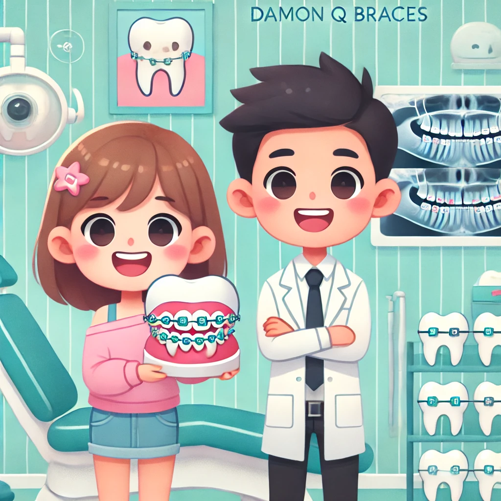 Dentist explaining Damon Q braces to a patient in a dental clinic.
