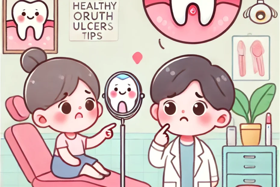 Dentist examining a patient with mouth ulcers and providing treatment advice.