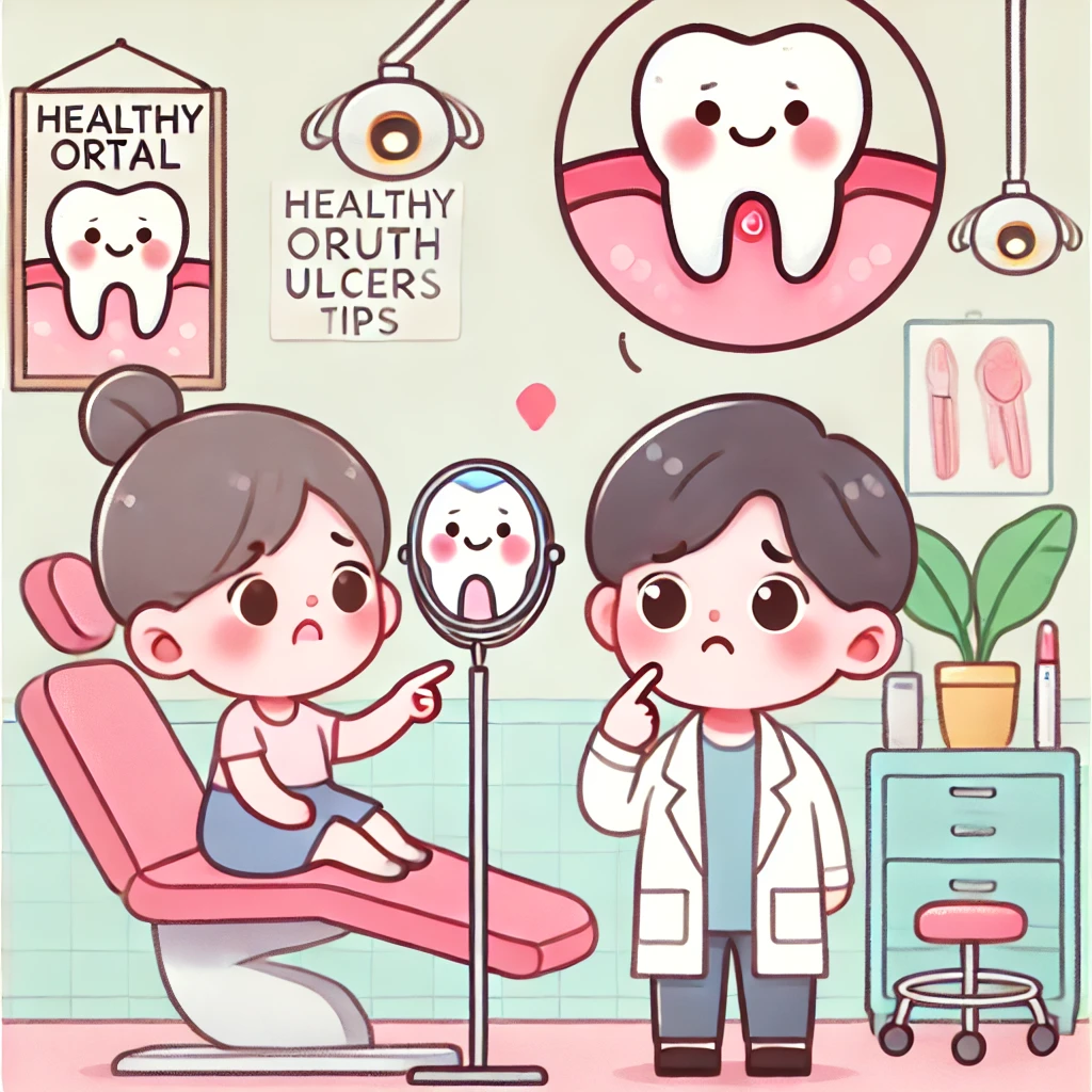 Dentist examining a patient with mouth ulcers and providing treatment advice.