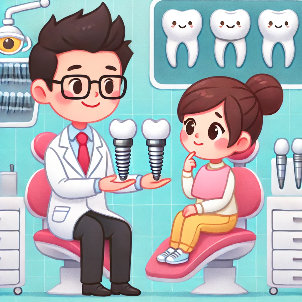 Dentist comparing different dental implant systems to help a patient choose the best option.
