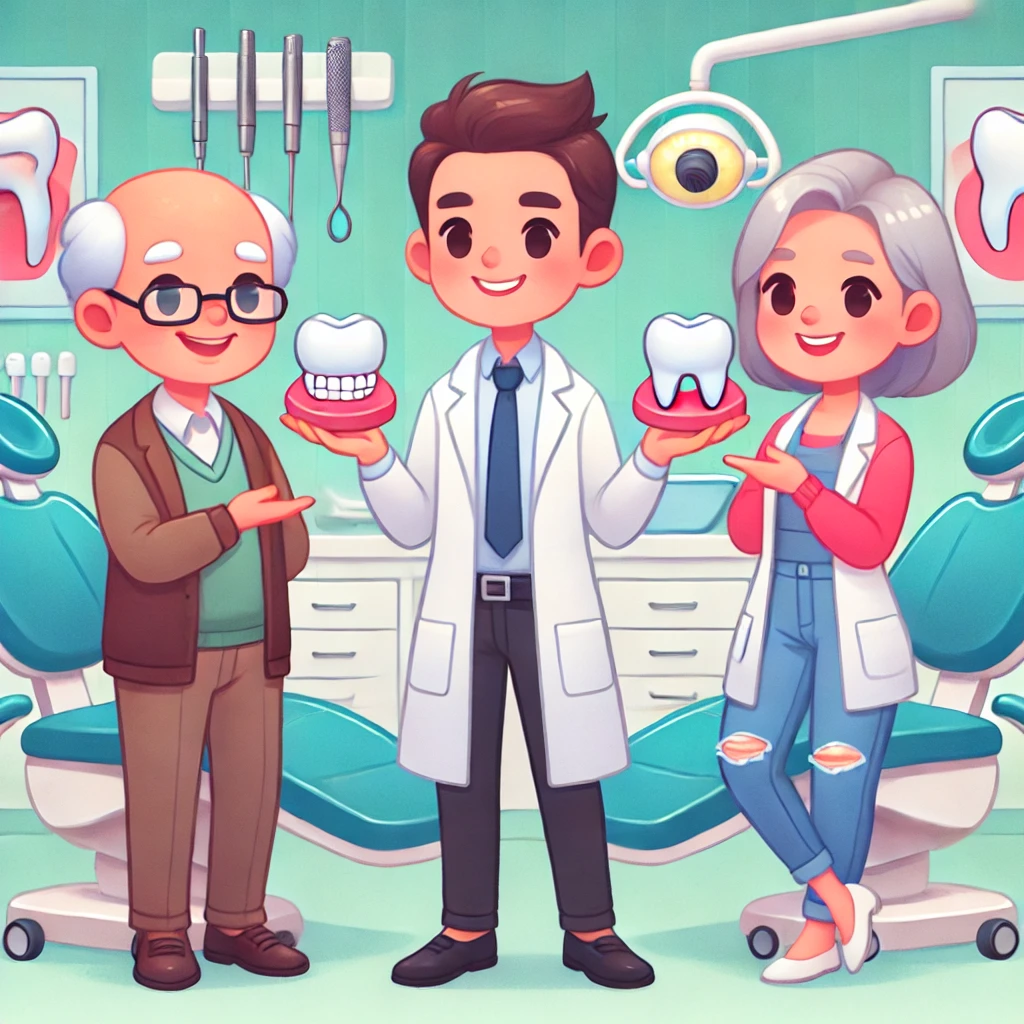 Dentist comparing dentures and dental implants to help patients choose the best option.