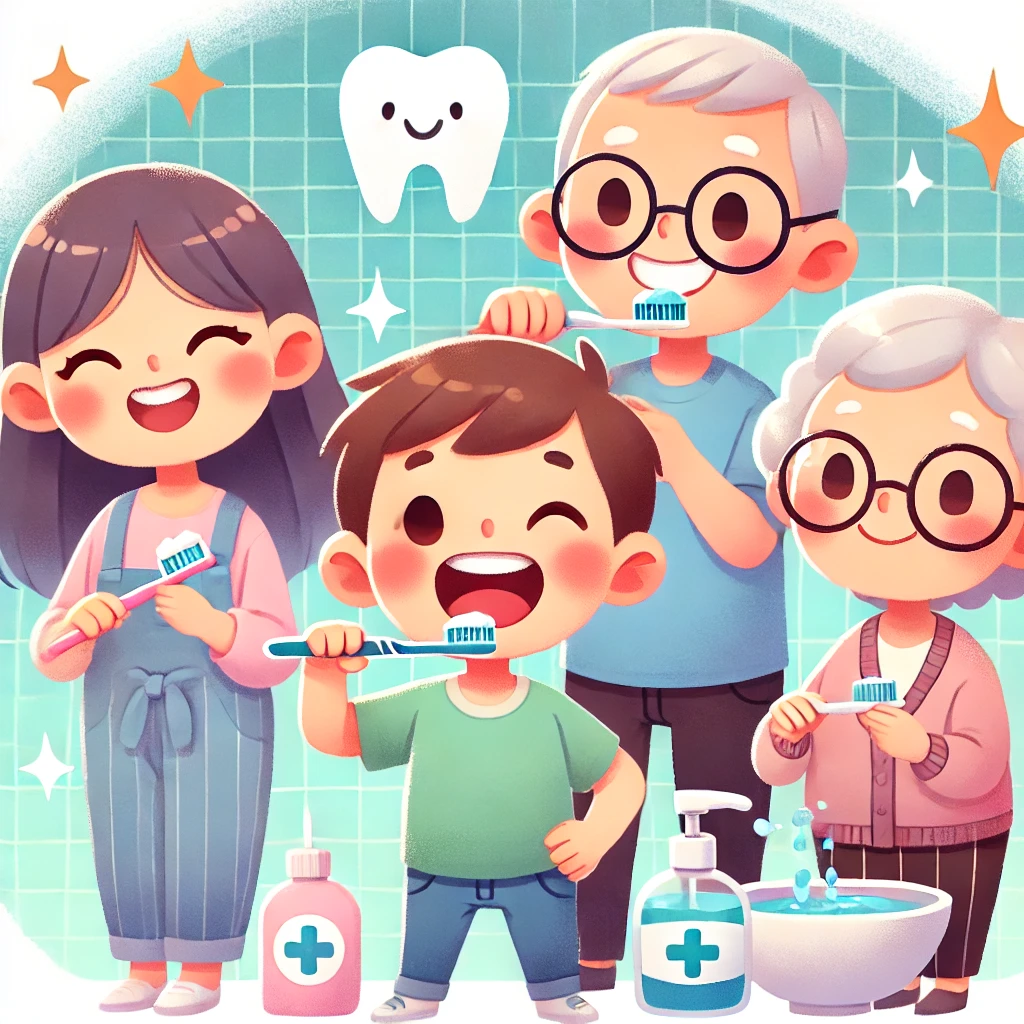 Family practicing good oral hygiene habits for healthy teeth from childhood