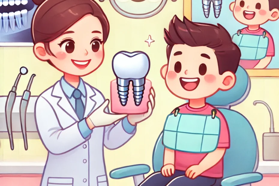 Dentist explaining dental implants to a patient with a model in a clinic