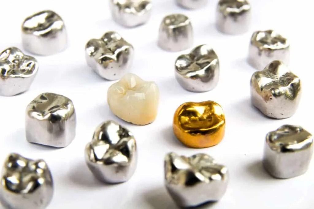 Gold and silver dental crown examples