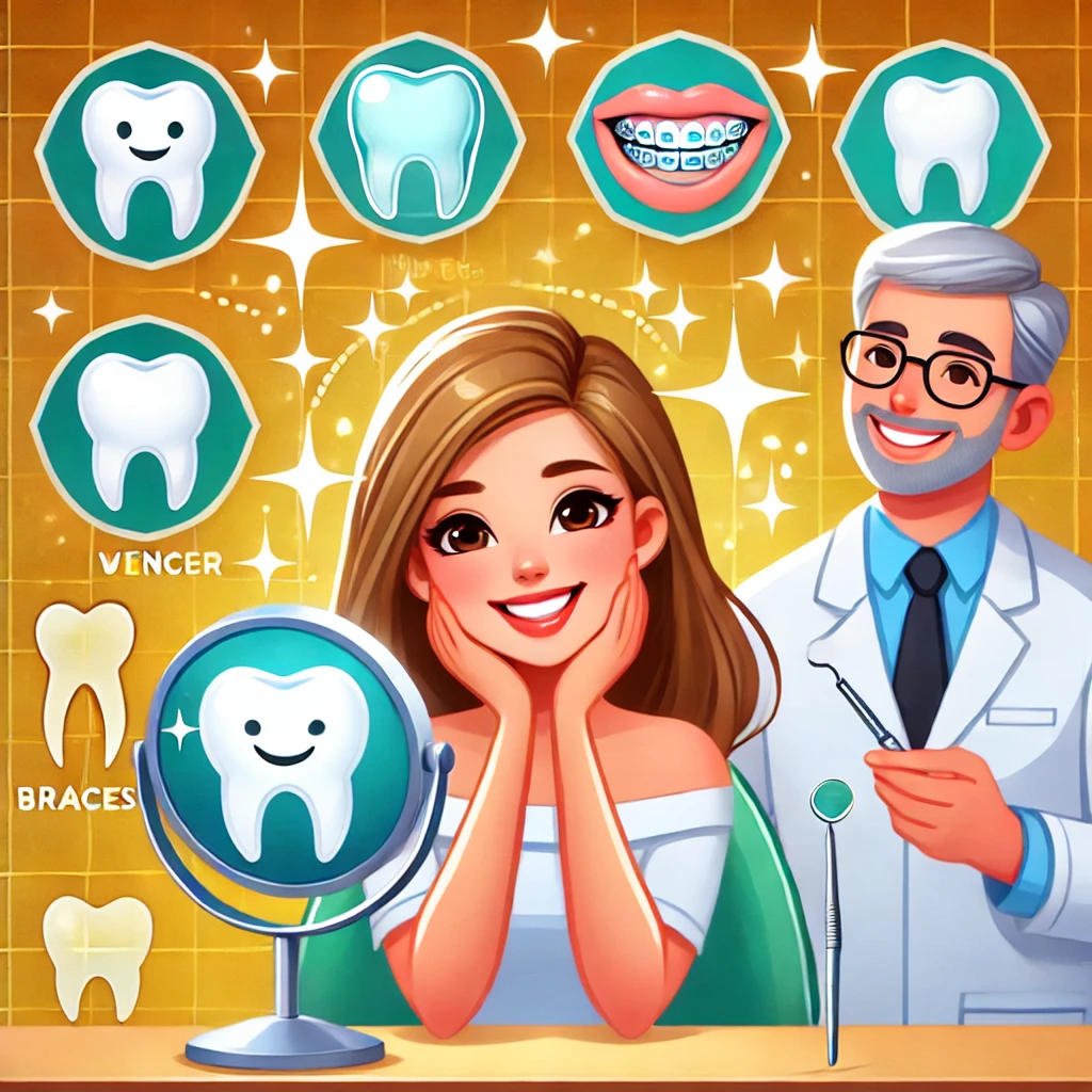 Dentist assisting a happy patient admiring their bright smile in a mirror, with symbols of teeth whitening, veneers, braces, and gold teeth highlighting cosmetic dentistry treatments