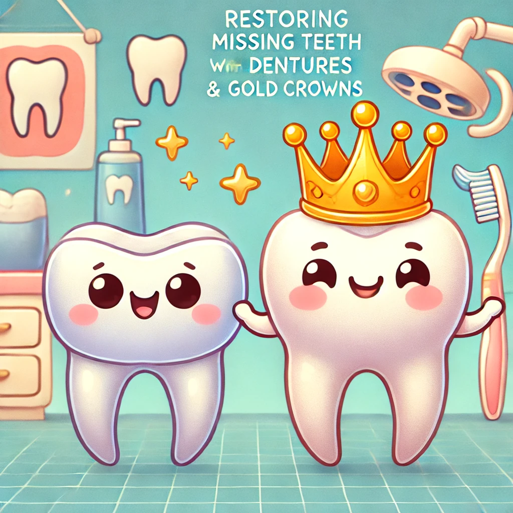 Restoring a missing front tooth with a metal-frame denture and gold crown for durability and aesthetics.